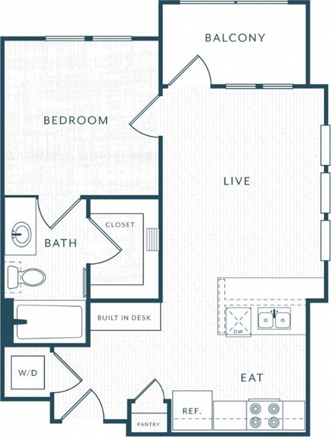 A floor plan of an apartment with a bedroom, bathroom, living room, eat-in area, and pantry.